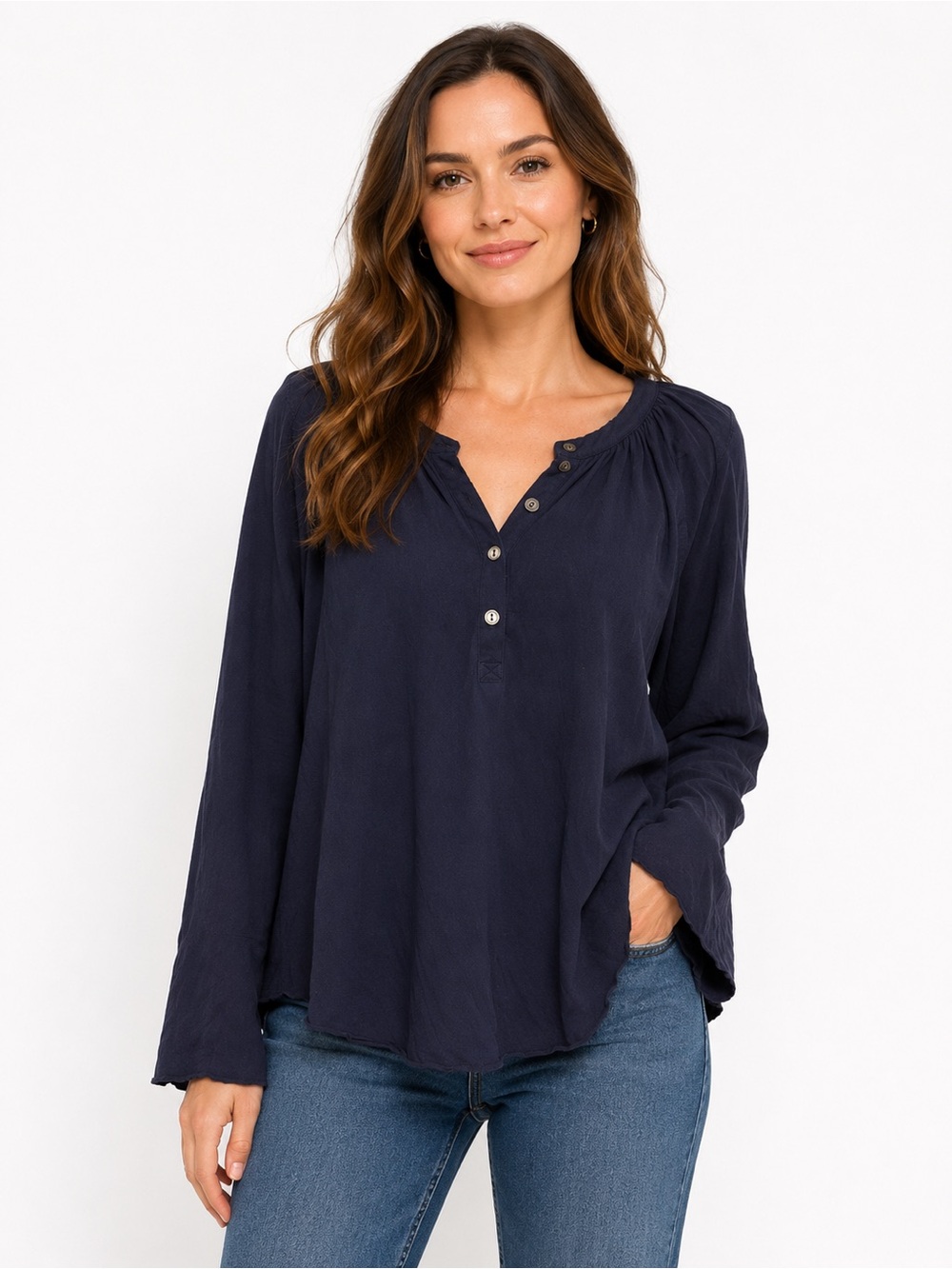 Chaser Navy Long-Sleeve Henley Blouse